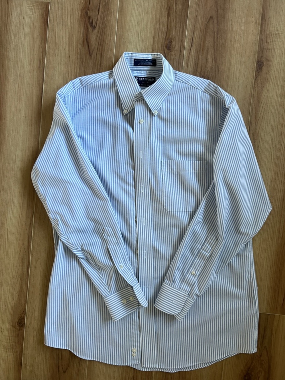 Stafford Blue and White Vertical Stripe Button-Down Dress Shirt